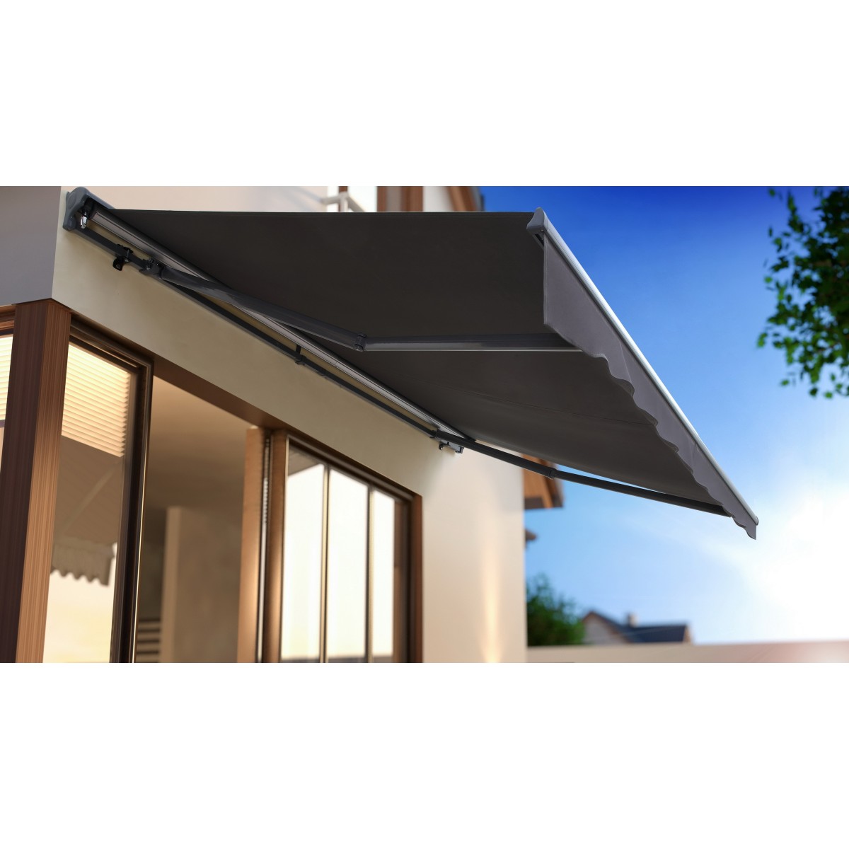 Canopée Store Banne Manuel Gris et blanc Semi Coffre 3 x 2.5m – Store Rétractable pour Terrasse, Balcon & Jardin