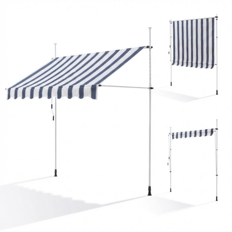 Store Banne Manuel Bleu et Blanc Rétractable avec Manivelle Sans Perçage 3m