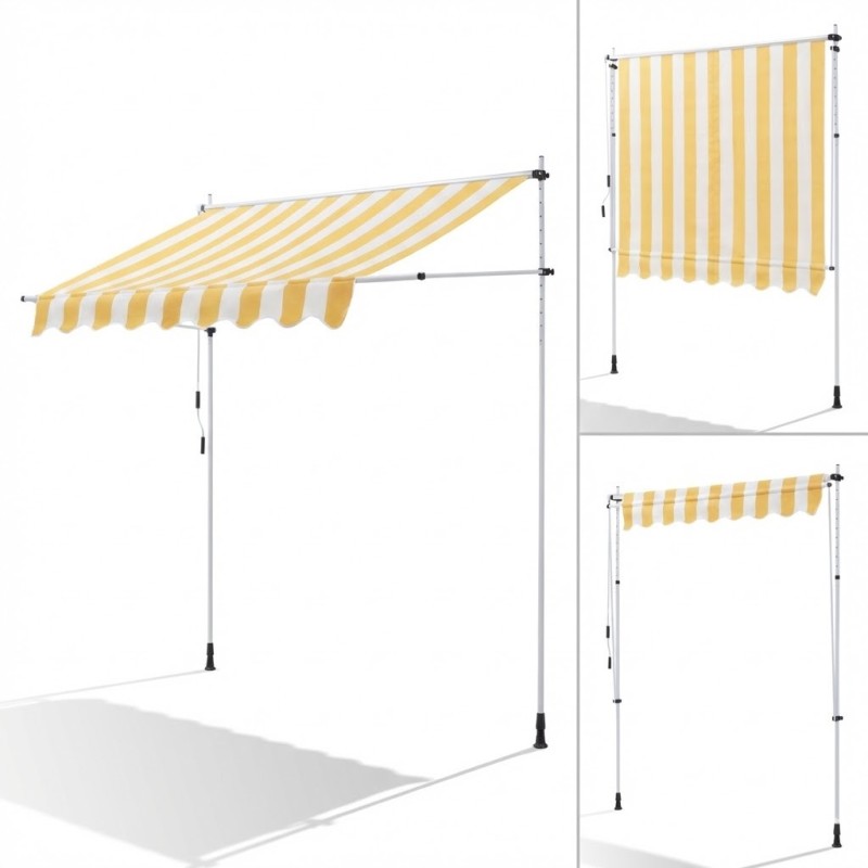 Store Banne Manuel Jaune et Blanc Rétractable avec Manivelle Sans Perçage