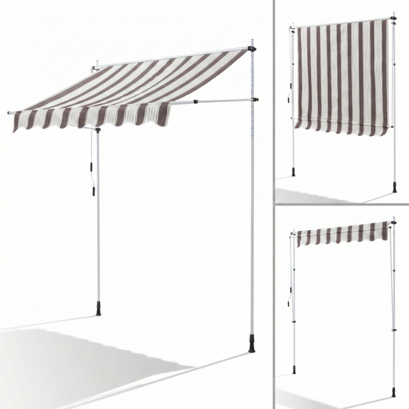 Store Banne Manuel Marron et Blanc Rétractable avec Manivelle Sans Perçage