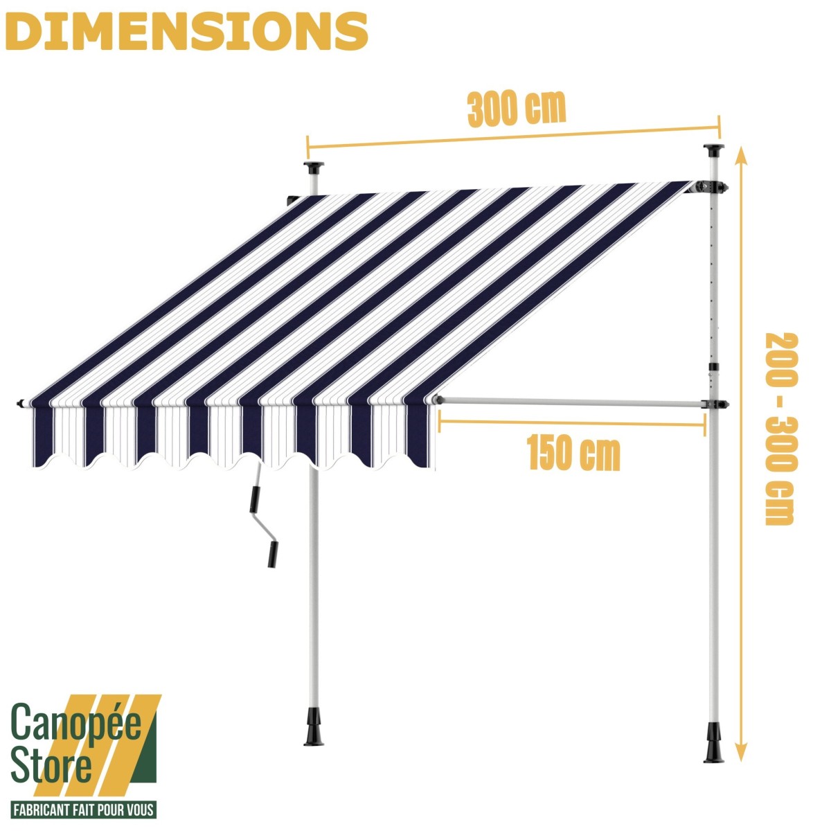 Store Banne Manuel Bleu et Blanc Rétractable avec Manivelle Sans Perçage 3m