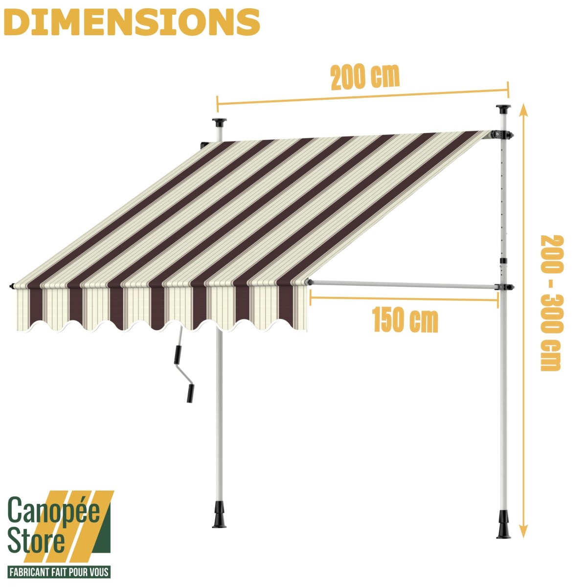 Store Banne Manuel Marron et Blanc Rétractable avec Manivelle Sans Perçage