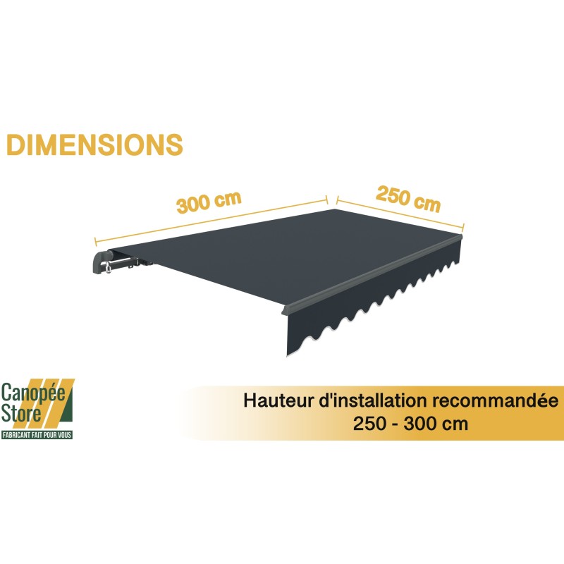 Store Banne Manuel Rétractable 3 x 2,5 m – Sans Coffre – Terrasse, Balcon & Jardin – Manivelle Gauche