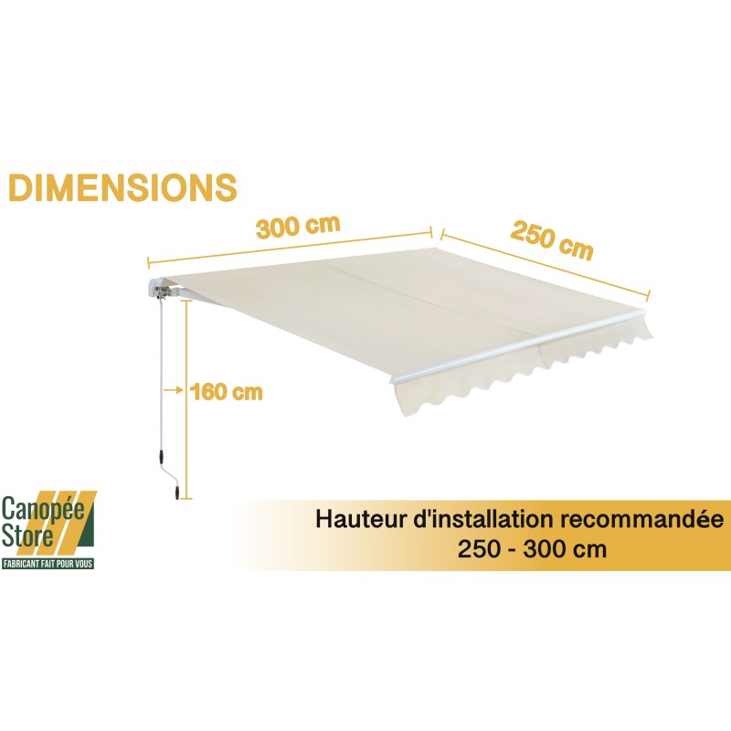 Store Banne Manuel Rétractable 3 x 2,5 m – Sans Coffre – Terrasse, Balcon & Jardin – Manivelle Gauche